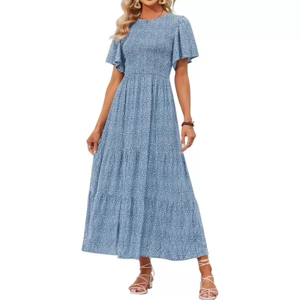 imageZESICA Womens 2024 Summer Casual Floral Print Short Flutter Sleeve Crew Neck Smocked High Waist Flowy Maxi DressBlue