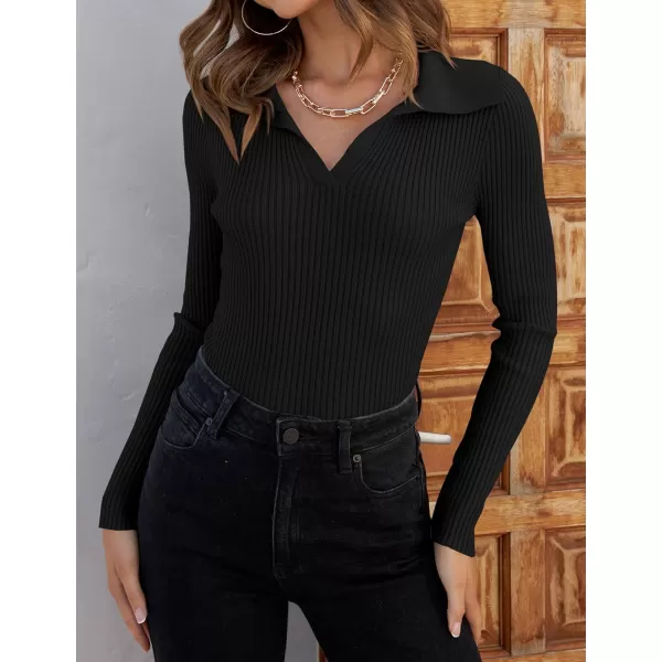 imageZESICA Sweaters for Women 2024 Fall Long Sleeve V Neck Ribbed Knit Pullover Tops Casual Slim Fit Basic Tee ShirtsBlack