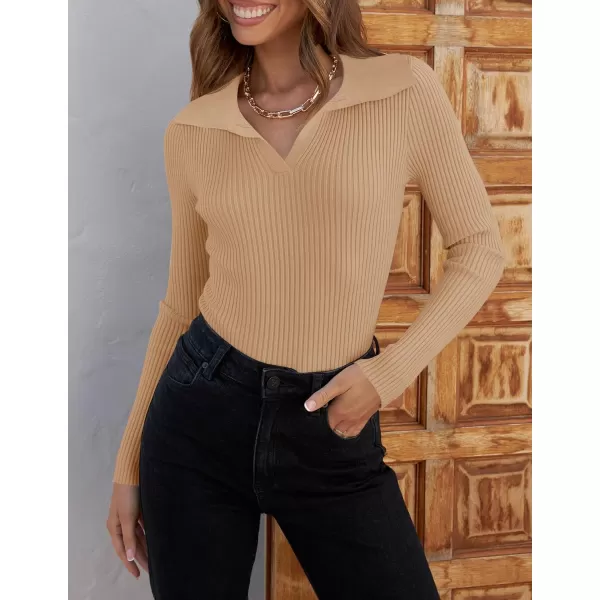 imageZESICA Sweaters for Women 2024 Fall Long Sleeve V Neck Ribbed Knit Pullover Tops Casual Slim Fit Basic Tee ShirtsToffee