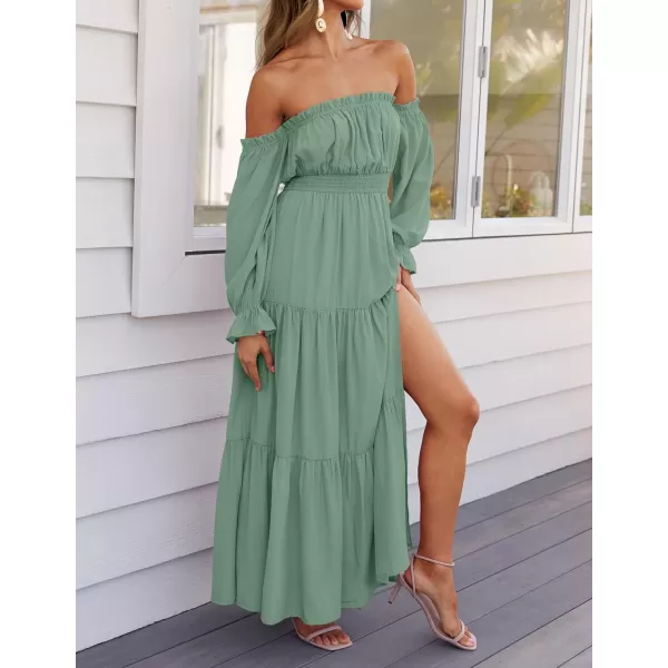 imageZESICA Womens 2024 Boho Sexy Off Shoulder Long Sleeve Smocked High Waist Side Split Flowy A Line Tiered Long Maxi DressGreen