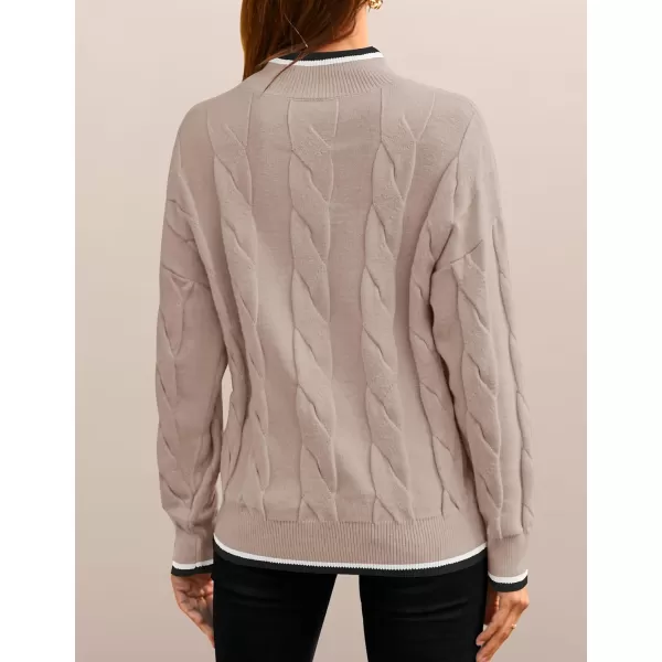 imageZESICA Womens 2024 Casual Long Sleeve Mock Neck Cable Knit Contrast Color Fall Winter Chunky Pullover SweaterAlmond