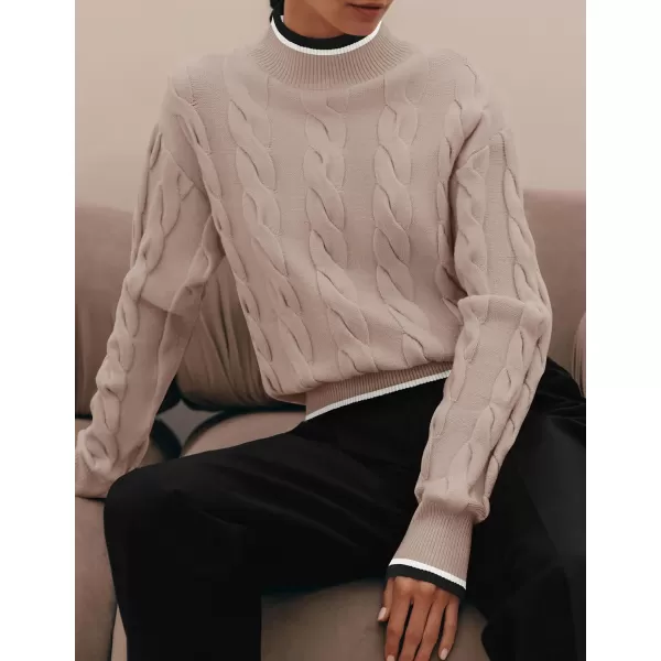imageZESICA Womens 2024 Casual Long Sleeve Mock Neck Cable Knit Contrast Color Fall Winter Chunky Pullover SweaterAlmond