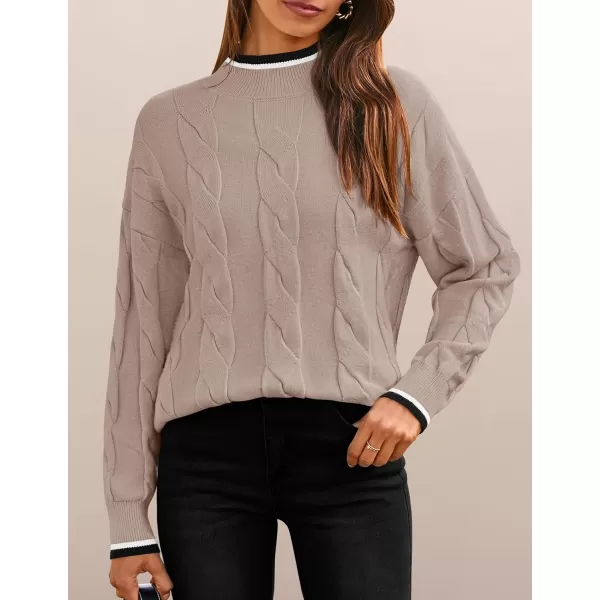 imageZESICA Womens 2024 Casual Long Sleeve Mock Neck Cable Knit Contrast Color Fall Winter Chunky Pullover SweaterAlmond