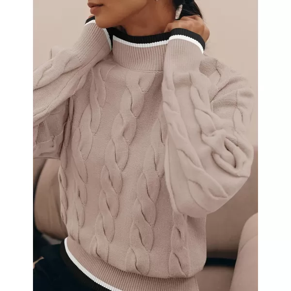 imageZESICA Womens 2024 Casual Long Sleeve Mock Neck Cable Knit Contrast Color Fall Winter Chunky Pullover SweaterAlmond
