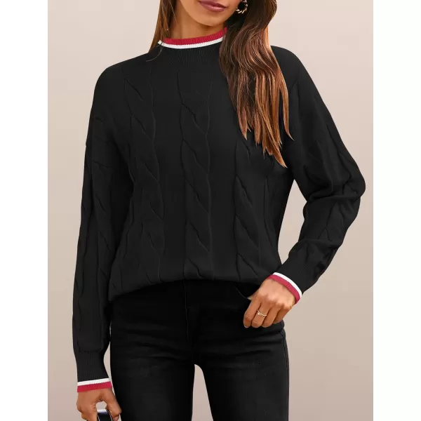 imageZESICA Womens 2024 Casual Long Sleeve Mock Neck Cable Knit Contrast Color Fall Winter Chunky Pullover SweaterBlack