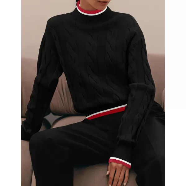imageZESICA Womens 2024 Casual Long Sleeve Mock Neck Cable Knit Contrast Color Fall Winter Chunky Pullover SweaterBlack