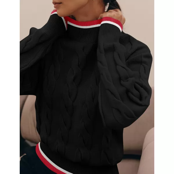 imageZESICA Womens 2024 Casual Long Sleeve Mock Neck Cable Knit Contrast Color Fall Winter Chunky Pullover SweaterBlack