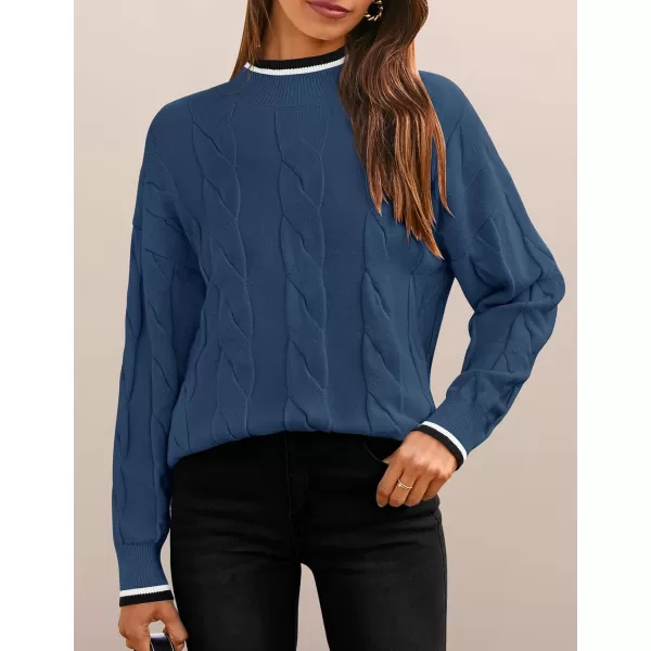 imageZESICA Womens 2024 Casual Long Sleeve Mock Neck Cable Knit Contrast Color Fall Winter Chunky Pullover SweaterDusty Blue