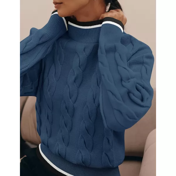imageZESICA Womens 2024 Casual Long Sleeve Mock Neck Cable Knit Contrast Color Fall Winter Chunky Pullover SweaterDusty Blue