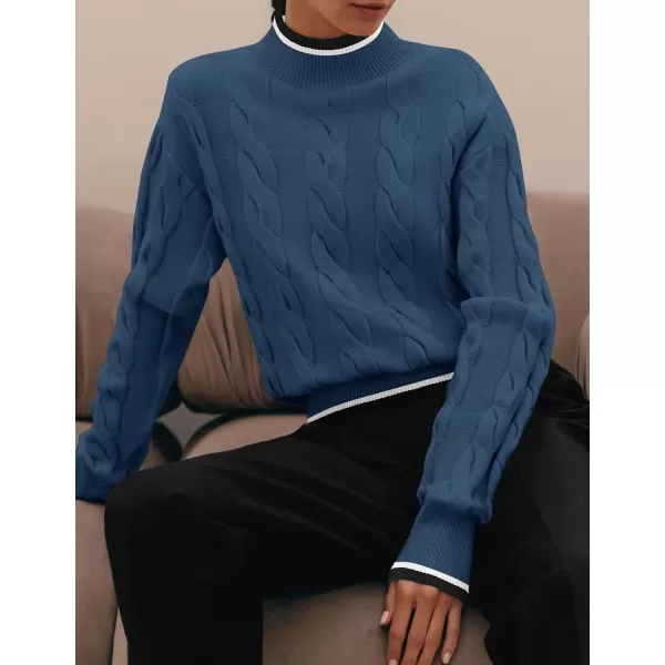 imageZESICA Womens 2024 Casual Long Sleeve Mock Neck Cable Knit Contrast Color Fall Winter Chunky Pullover SweaterDusty Blue