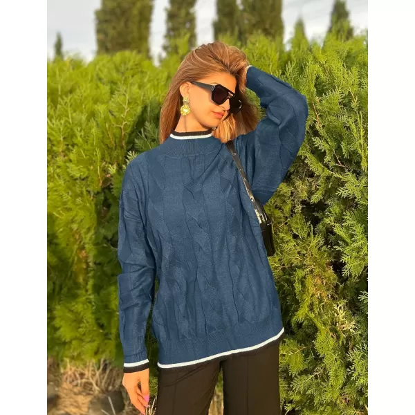 imageZESICA Womens 2024 Casual Long Sleeve Mock Neck Cable Knit Contrast Color Fall Winter Chunky Pullover SweaterDusty Blue