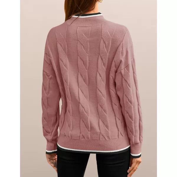 imageZESICA Womens 2024 Casual Long Sleeve Mock Neck Cable Knit Contrast Color Fall Winter Chunky Pullover SweaterDusty Pink