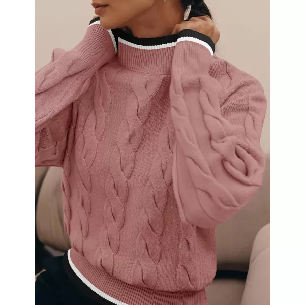imageZESICA Womens 2024 Casual Long Sleeve Mock Neck Cable Knit Contrast Color Fall Winter Chunky Pullover SweaterDusty Pink