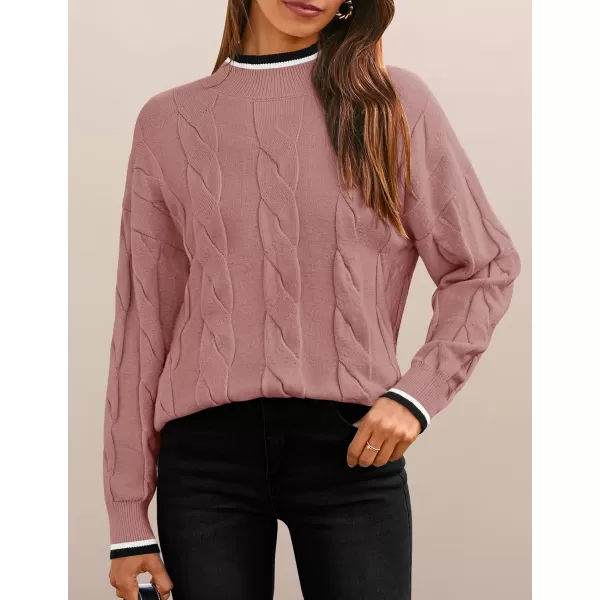 imageZESICA Womens 2024 Casual Long Sleeve Mock Neck Cable Knit Contrast Color Fall Winter Chunky Pullover SweaterDusty Pink