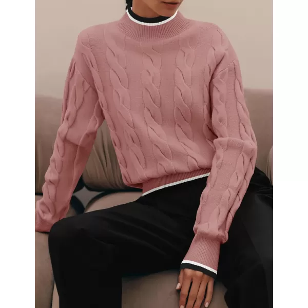 imageZESICA Womens 2024 Casual Long Sleeve Mock Neck Cable Knit Contrast Color Fall Winter Chunky Pullover SweaterDusty Pink