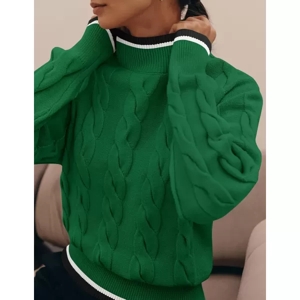 imageZESICA Womens 2024 Casual Long Sleeve Mock Neck Cable Knit Contrast Color Fall Winter Chunky Pullover SweaterGreen