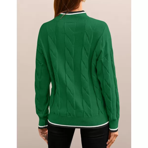 imageZESICA Womens 2024 Casual Long Sleeve Mock Neck Cable Knit Contrast Color Fall Winter Chunky Pullover SweaterGreen