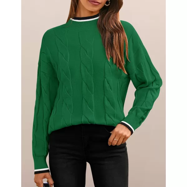imageZESICA Womens 2024 Casual Long Sleeve Mock Neck Cable Knit Contrast Color Fall Winter Chunky Pullover SweaterGreen