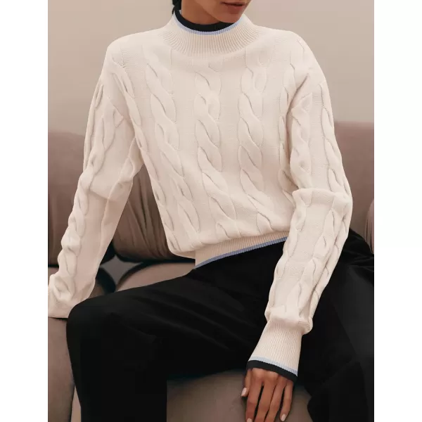 imageZESICA Womens 2024 Casual Long Sleeve Mock Neck Cable Knit Contrast Color Fall Winter Chunky Pullover SweaterIvory