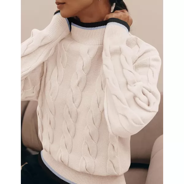 imageZESICA Womens 2024 Casual Long Sleeve Mock Neck Cable Knit Contrast Color Fall Winter Chunky Pullover SweaterIvory