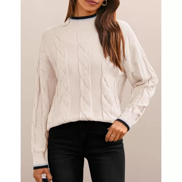 imageZESICA Womens 2024 Casual Long Sleeve Mock Neck Cable Knit Contrast Color Fall Winter Chunky Pullover SweaterIvory