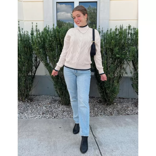 imageZESICA Womens 2024 Casual Long Sleeve Mock Neck Cable Knit Contrast Color Fall Winter Chunky Pullover SweaterIvory