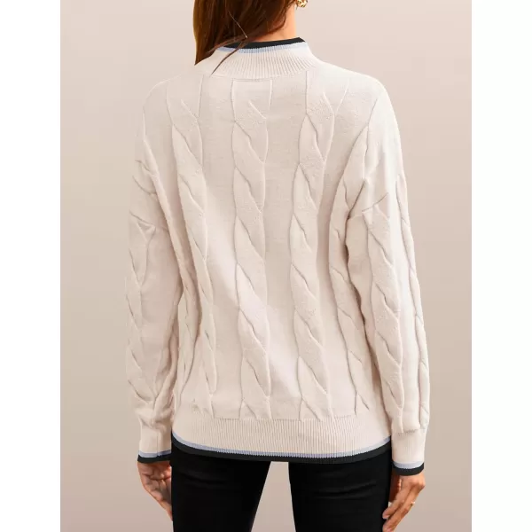 imageZESICA Womens 2024 Casual Long Sleeve Mock Neck Cable Knit Contrast Color Fall Winter Chunky Pullover SweaterIvory
