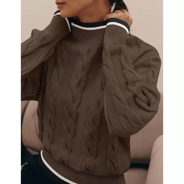 imageZESICA Womens 2024 Casual Long Sleeve Mock Neck Cable Knit Contrast Color Fall Winter Chunky Pullover SweaterMocha