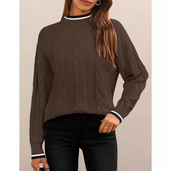 imageZESICA Womens 2024 Casual Long Sleeve Mock Neck Cable Knit Contrast Color Fall Winter Chunky Pullover SweaterMocha
