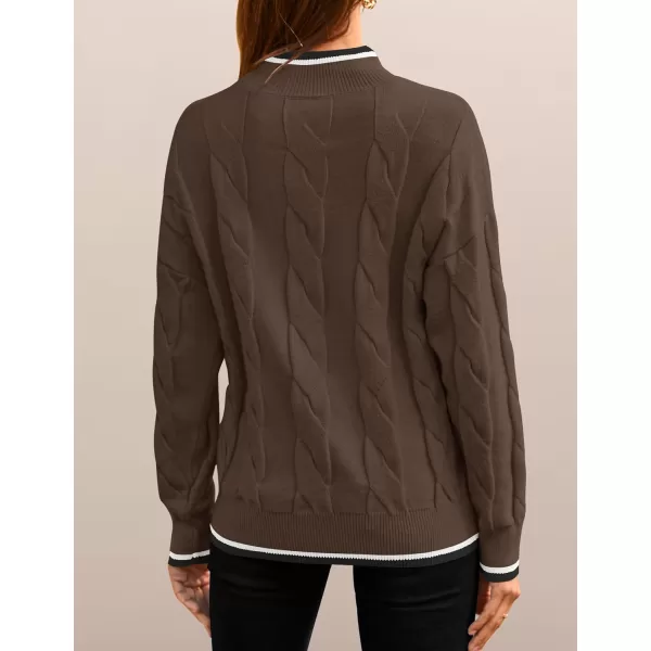 imageZESICA Womens 2024 Casual Long Sleeve Mock Neck Cable Knit Contrast Color Fall Winter Chunky Pullover SweaterMocha