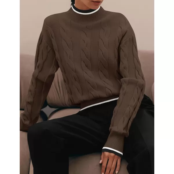imageZESICA Womens 2024 Casual Long Sleeve Mock Neck Cable Knit Contrast Color Fall Winter Chunky Pullover SweaterMocha