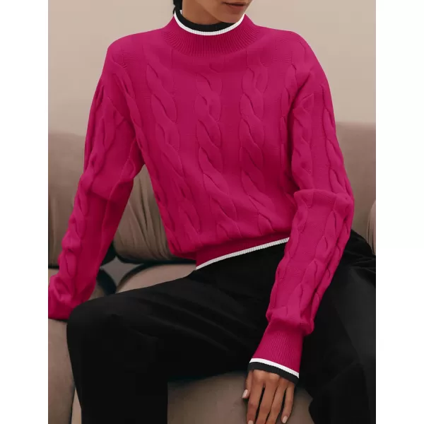 imageZESICA Womens 2024 Casual Long Sleeve Mock Neck Cable Knit Contrast Color Fall Winter Chunky Pullover SweaterRose