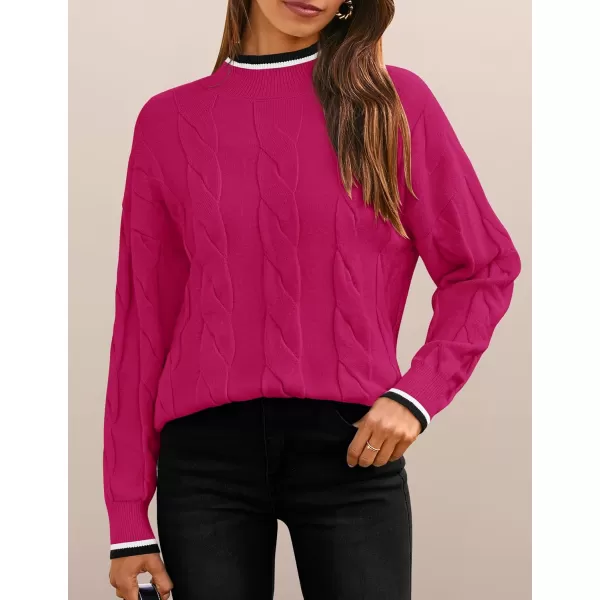 imageZESICA Womens 2024 Casual Long Sleeve Mock Neck Cable Knit Contrast Color Fall Winter Chunky Pullover SweaterRose