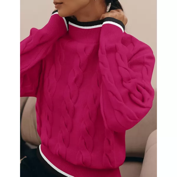 imageZESICA Womens 2024 Casual Long Sleeve Mock Neck Cable Knit Contrast Color Fall Winter Chunky Pullover SweaterRose