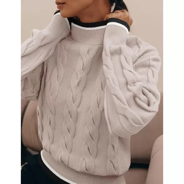 imageZESICA Womens 2024 Casual Long Sleeve Mock Neck Cable Knit Contrast Color Fall Winter Chunky Pullover SweaterSand