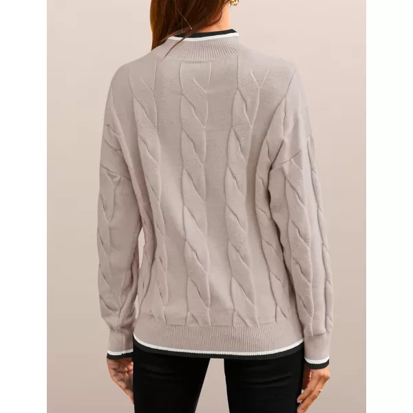 imageZESICA Womens 2024 Casual Long Sleeve Mock Neck Cable Knit Contrast Color Fall Winter Chunky Pullover SweaterSand