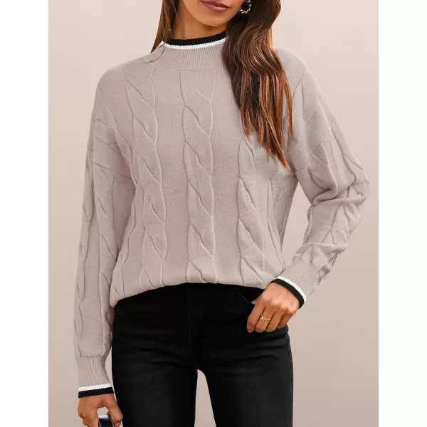 imageZESICA Womens 2024 Casual Long Sleeve Mock Neck Cable Knit Contrast Color Fall Winter Chunky Pullover SweaterSand
