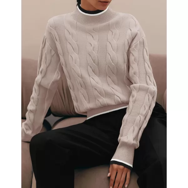 imageZESICA Womens 2024 Casual Long Sleeve Mock Neck Cable Knit Contrast Color Fall Winter Chunky Pullover SweaterSand