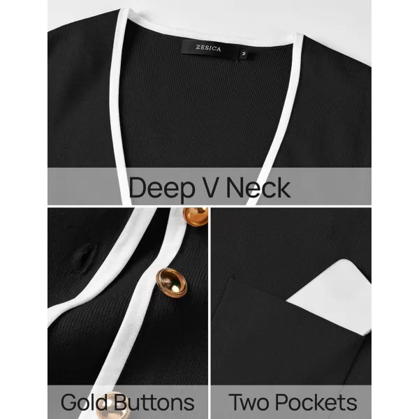 imageZESICA Womens 2024 Color Block Cardigan Sweaters Long Sleeve Button Down Open Front Coatigan with PocketsBlack