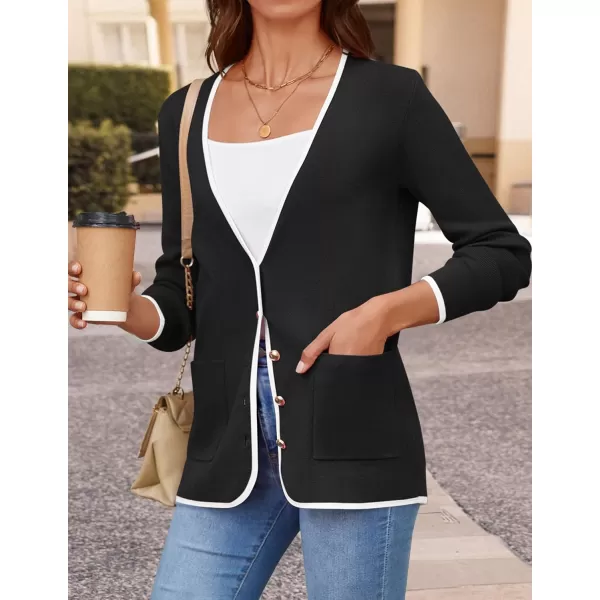 imageZESICA Womens 2024 Color Block Cardigan Sweaters Long Sleeve Button Down Open Front Coatigan with PocketsBlack