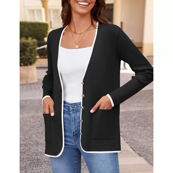 imageZESICA Womens 2024 Color Block Cardigan Sweaters Long Sleeve Button Down Open Front Coatigan with PocketsBlack