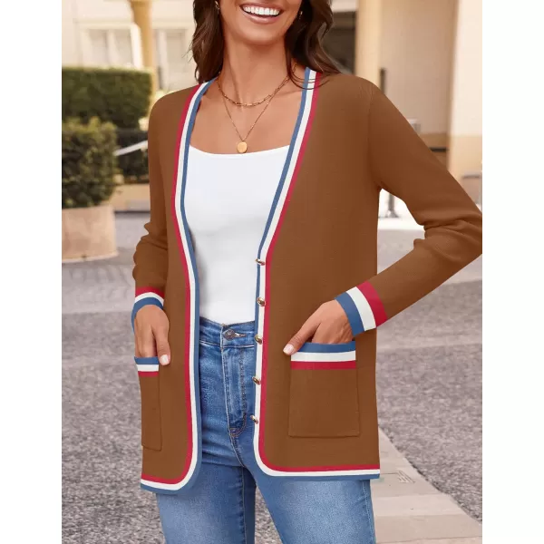 imageZESICA Womens 2024 Color Block Cardigan Sweaters Long Sleeve Button Down Open Front Coatigan with PocketsBrown