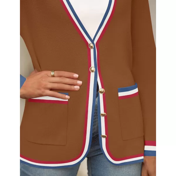 imageZESICA Womens 2024 Color Block Cardigan Sweaters Long Sleeve Button Down Open Front Coatigan with PocketsBrown
