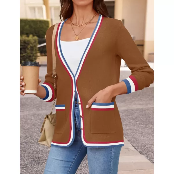 imageZESICA Womens 2024 Color Block Cardigan Sweaters Long Sleeve Button Down Open Front Coatigan with PocketsBrown