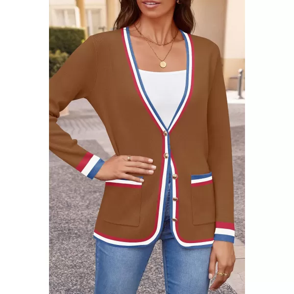 imageZESICA Womens 2024 Color Block Cardigan Sweaters Long Sleeve Button Down Open Front Coatigan with PocketsBrown
