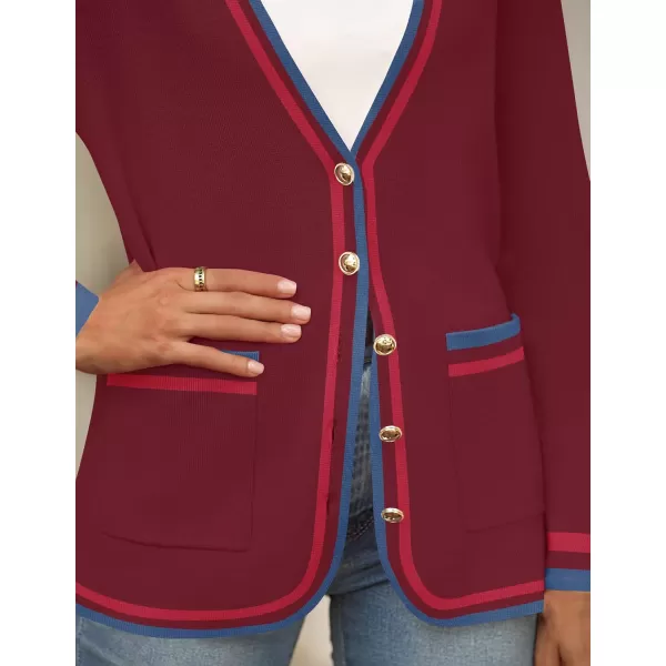 imageZESICA Womens 2024 Color Block Cardigan Sweaters Long Sleeve Button Down Open Front Coatigan with PocketsBurgundy