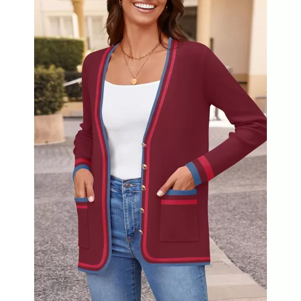 imageZESICA Womens 2024 Color Block Cardigan Sweaters Long Sleeve Button Down Open Front Coatigan with PocketsBurgundy