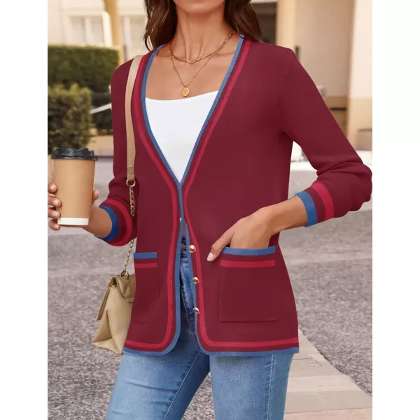 imageZESICA Womens 2024 Color Block Cardigan Sweaters Long Sleeve Button Down Open Front Coatigan with PocketsBurgundy