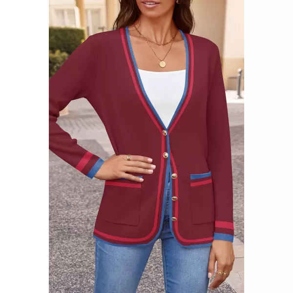 imageZESICA Womens 2024 Color Block Cardigan Sweaters Long Sleeve Button Down Open Front Coatigan with PocketsBurgundy
