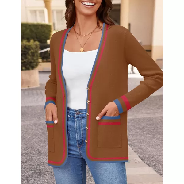 imageZESICA Womens 2024 Color Block Cardigan Sweaters Long Sleeve Button Down Open Front Coatigan with PocketsDarkbrown